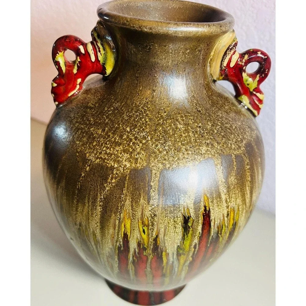 Vtg Vase Ceramic Drip‎ Glaze Metallic Gold Red Olive Swirl Handles Mystique 12in